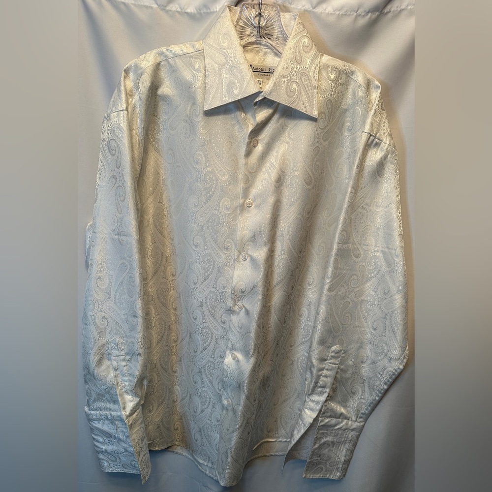 Antonio Ricci Couture Mens‎ 16/16.5 34/35 White Paisley Long Sleeve Dress Shirt